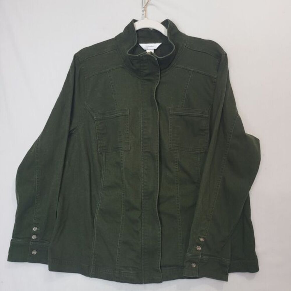 CJ Banks Women's 1X Utility Jacket Olive Green‎ Zip Front Cotton Blend Pockets